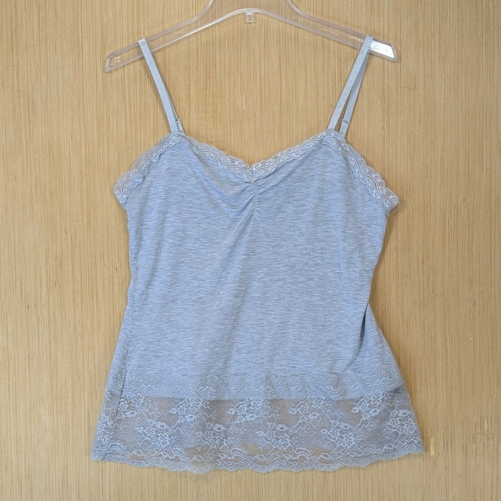 White House Black Market Coquette Balletcore Lace Trim Cami Tank Top Size L Grey